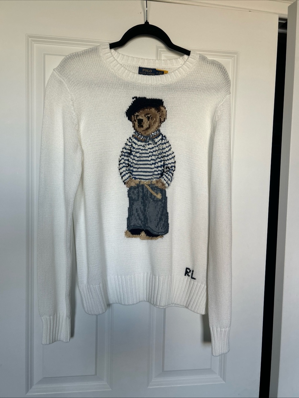 Ralph Lauren White Crewneck Sweater with Bear Intarsia